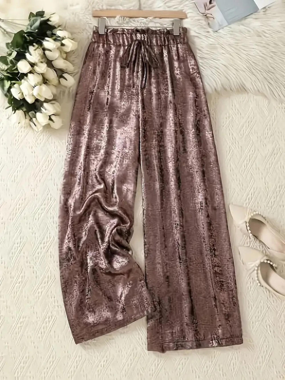 Velvet Wide-Leg Lounge Pants - Mauve Pink
